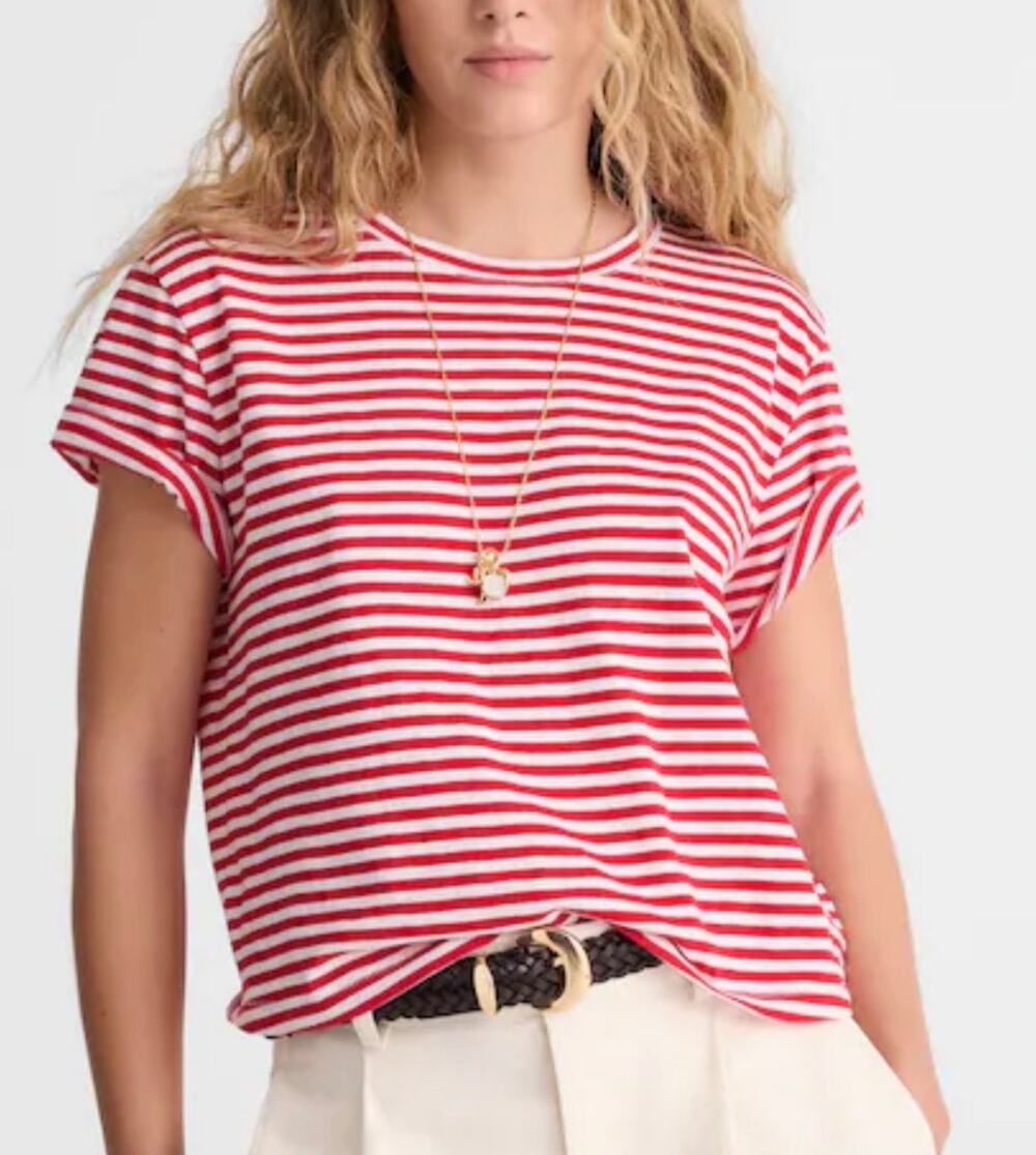 Madewell The Easy Crop Crewneck Tee Red White Stripe Pima Cotton Cropped XS NWT